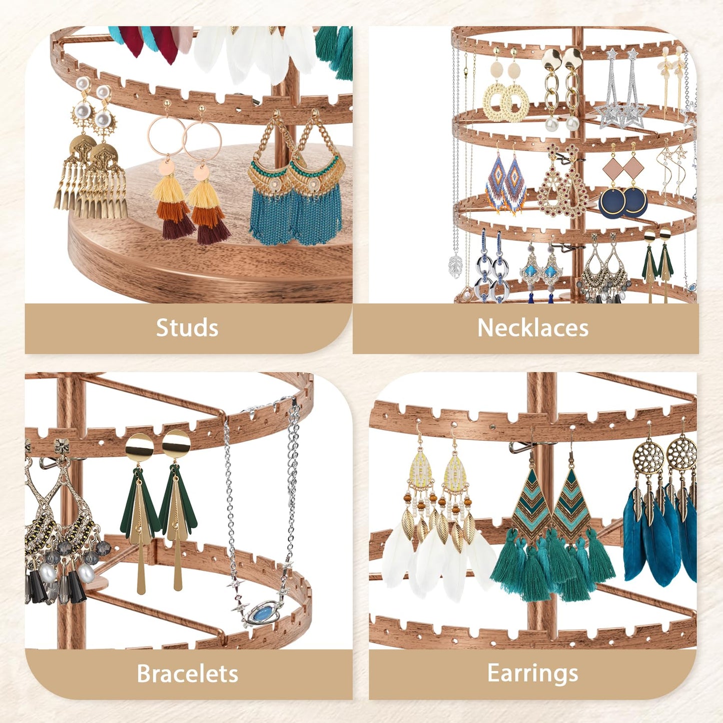 LASZOLA 6 Tier Bronze Earring Holder Organizer Tree Women Display Storage for Stud and Hoop, Large Cool Rotating Clip Stand for Pierced and Dangle Earring, Vertical Metal Tower Carousel with 480 Holes