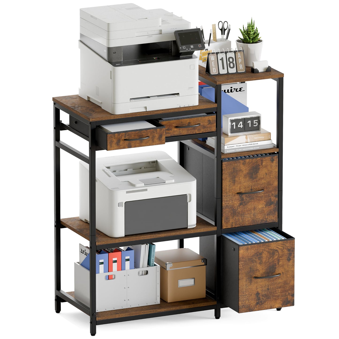 JUSTOGO Printer Stand with 4 Drawer, 43" x 36" x 16" Extra Large File Cabinet with Open Storage Shelf, 5 Tier Printer Table Lateral Filing Cabinet for Home Office, Rustic Brown