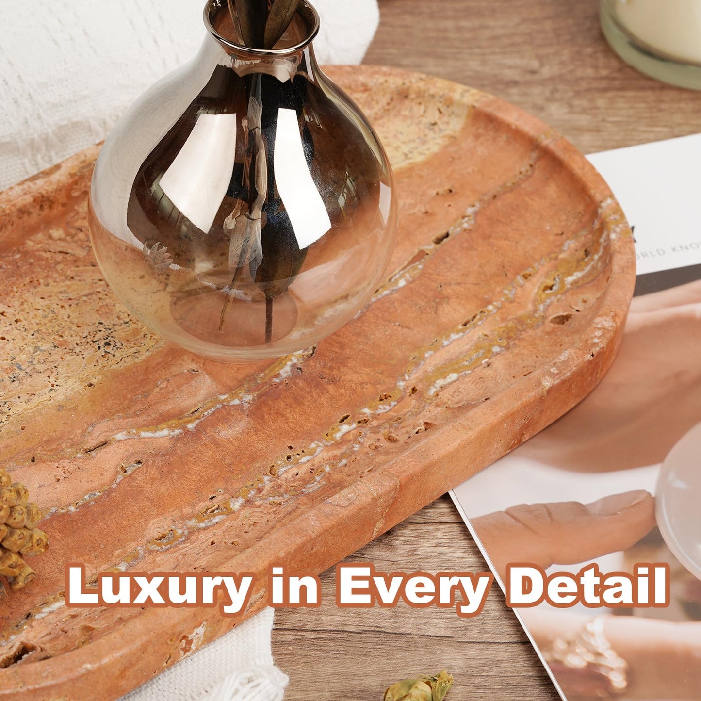Koville Turkish Natural Travertine Tray, 12"x6" Vanity Decorative Marble Wabi Sabi Decor for Home, Countertop Organizer, Catchall for Perfume, Candles, Jewelry Dish