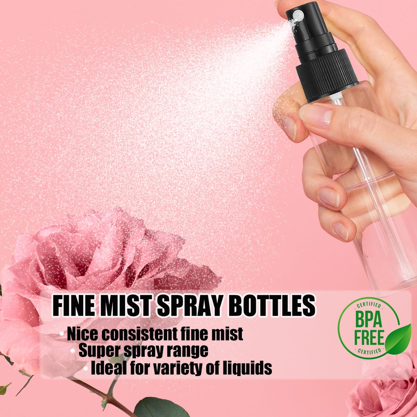 100Pack 2oz Spray Bottles Plastic, 60ml Small Spray Bottle Bulk Black Fine Mist Sprayer, Empty Refillable Containers Portable Cosmetic TravelSpray Bottles for Plants, Cleaning, Misting & Skin Care