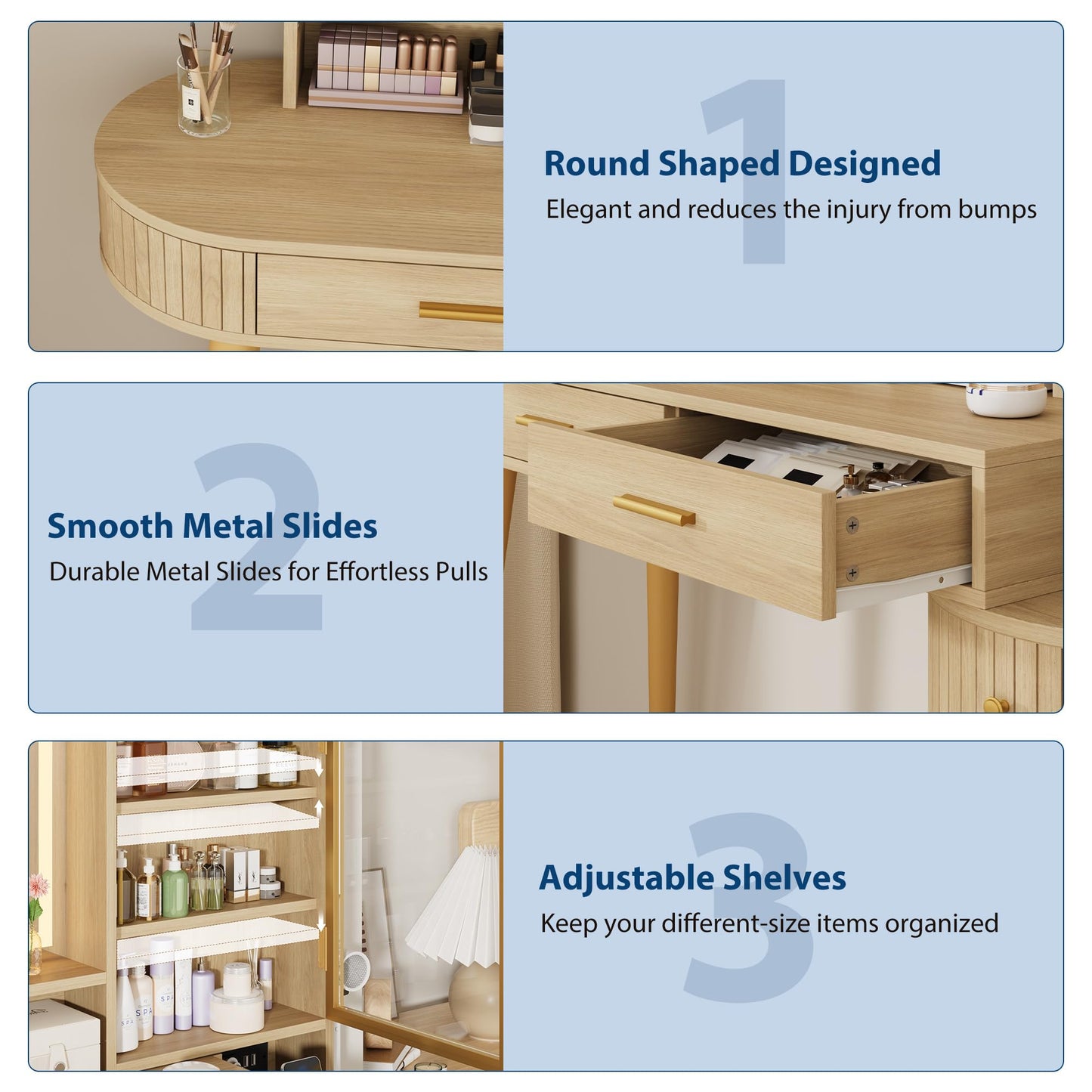 Garvee Vanity Desk with Light Mirror, 47.2 Inch Vanity Table with Stool and Charging Station, Modern Makeup Table with Drawer and Cabinet, Makeup Desk with Glass Door, Adjustable Shelf for Bedroom
