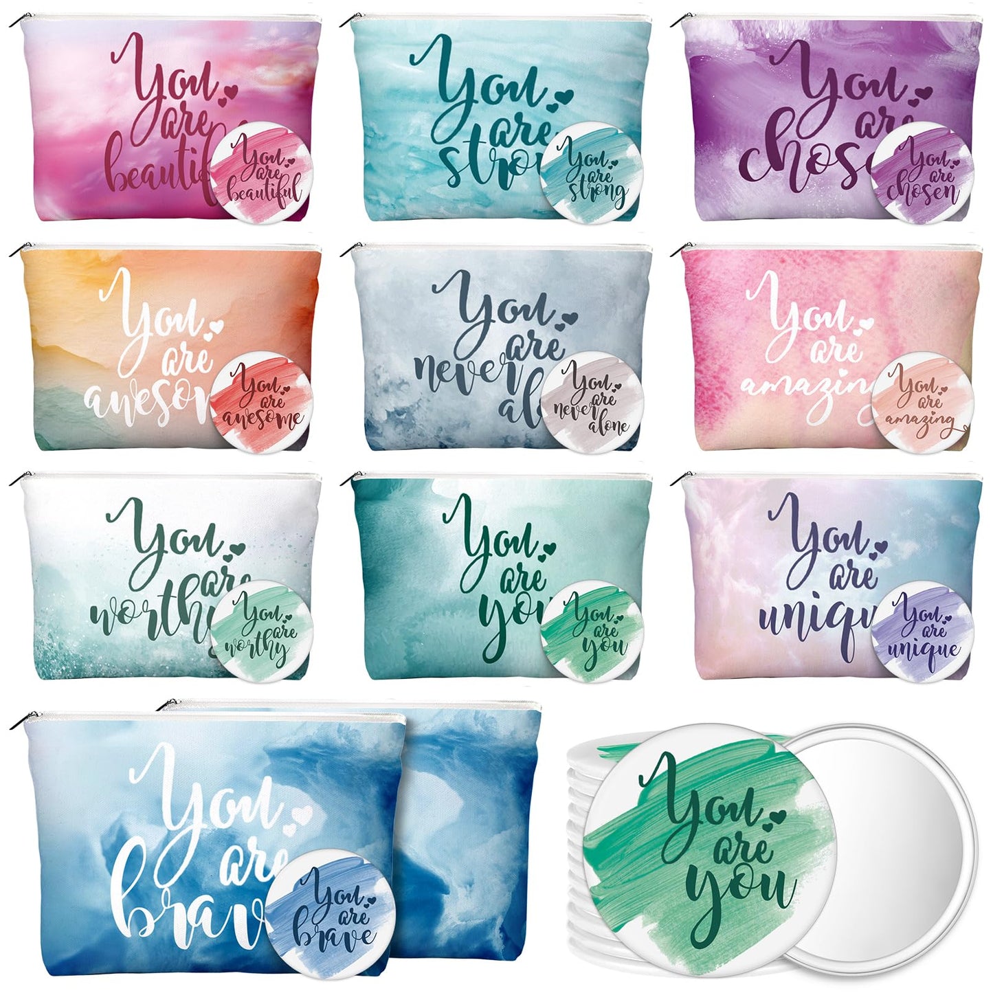 Vercraft 60 Pcs Employee Appreciation Gift for Women Inspirational Canvas Makeup Bag Portable Compact Mirror Bulk Cosmetic Bag Thank You Party Favor for Women Coworker Nurse (Inspiration,Pastel)