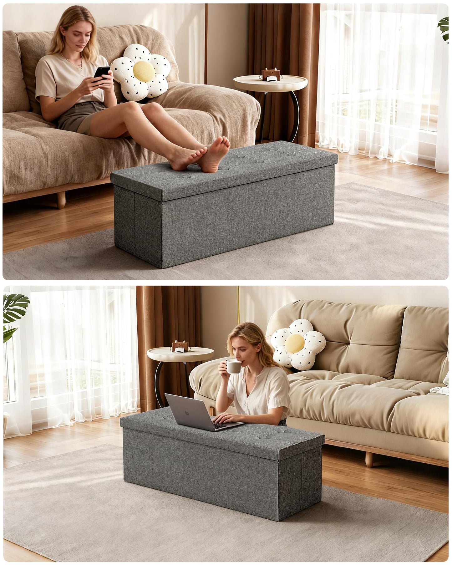 GLAXYFUR 43.3 inches Folding Storage Ottoman Bench Storage Chest Footrest for Bedroom, Entryway and Living Room, Holds up to 660 lb Dark Grey