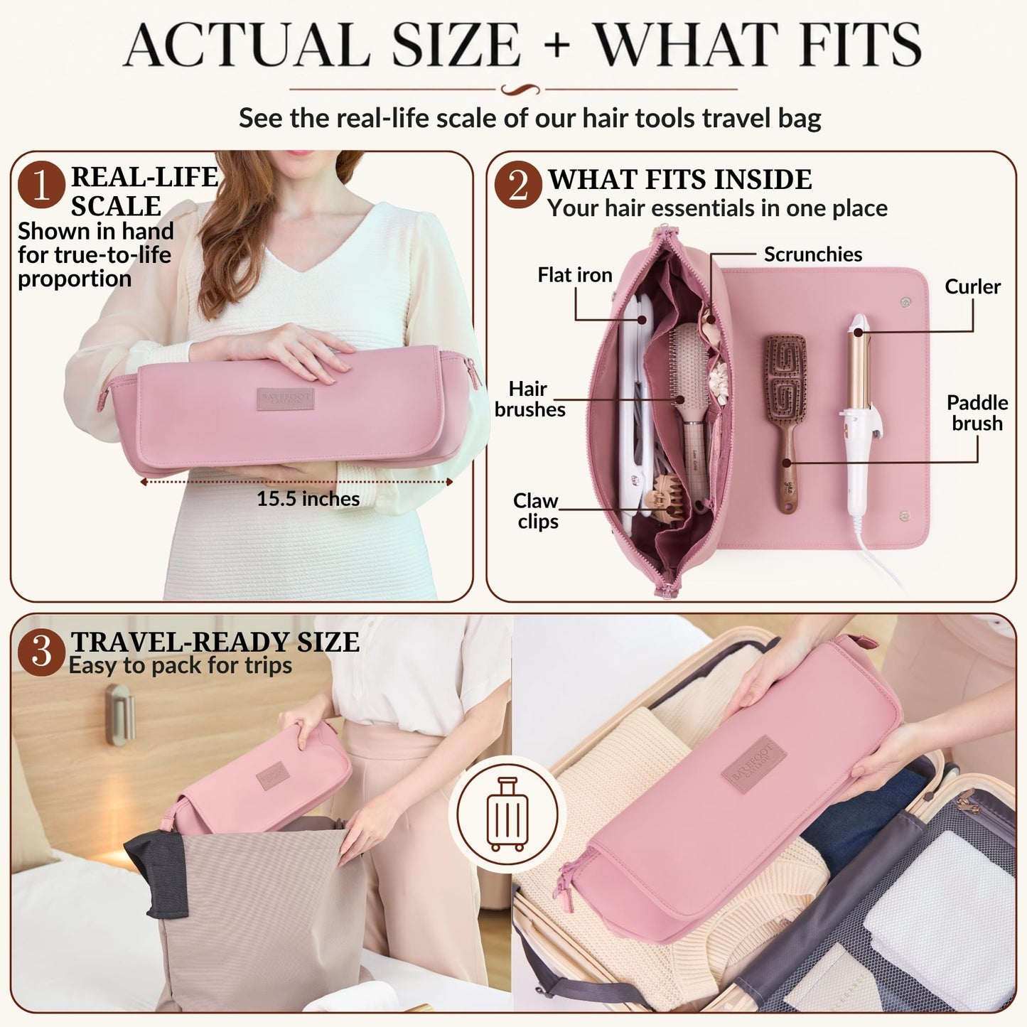 BAREFOOT CARIBOU Hair Tools Travel Bag and Heat Resistant Mat (15.5") for Flat Irons, Straighteners, Curling Iron, and Haircare Accessories, 2-in-1 design, Interior Pockets, Portable Organizer (Dune)