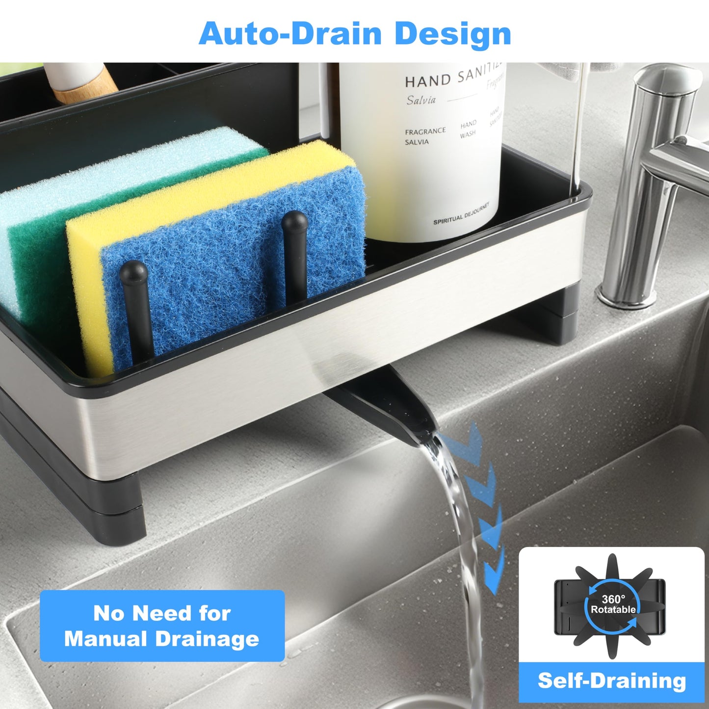 Ouletoy Kitchen Sink Caddy Organizer, Stainless Steel Sponge Holder, Kitchen Caddy Sink Organizer with Dish Brush Holder and Dishcloth Rack, Rustproof Dish Sponge Drying Rack for Countertop Storage