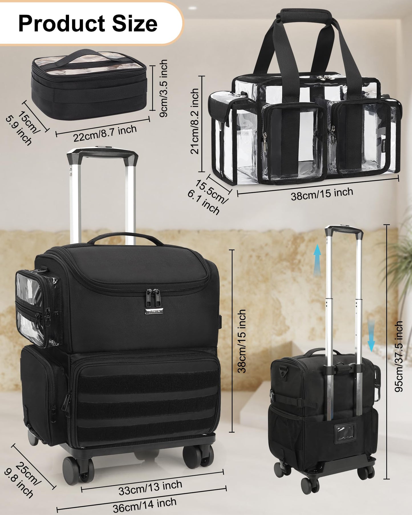 Relavel Rolling Makeup Train Case, Cosmetology Case on Wheels with 4 Clear Bags and Clear Makeup Bag, Professional Makeup Artist Set Bags Organizer with 360° Spinner Wheels