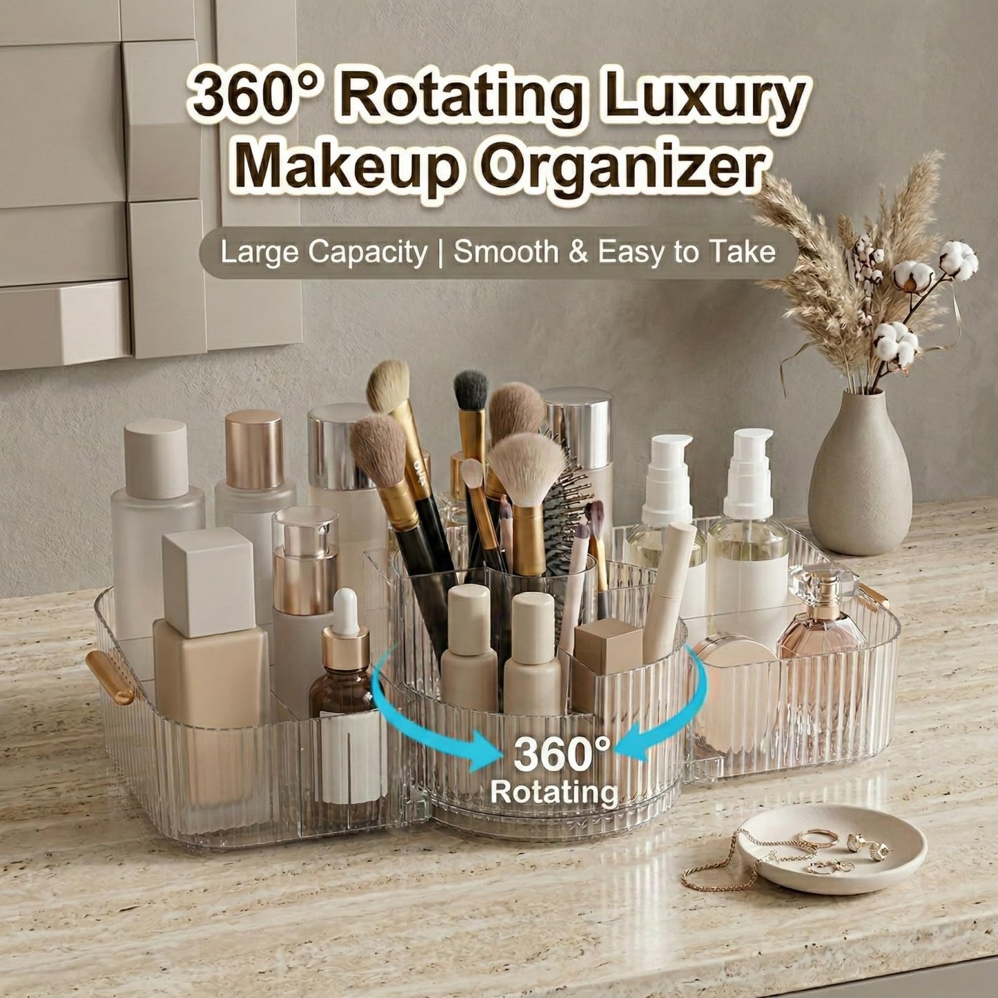 Rotating Makeup Organizer Countertop for Vanity, Cologne Organizer for Men, 360° Spinning Cosmetic Display Case with Brush Holder, Premium Handles, Acrylic Skincare Storage for Bathroom Countertop