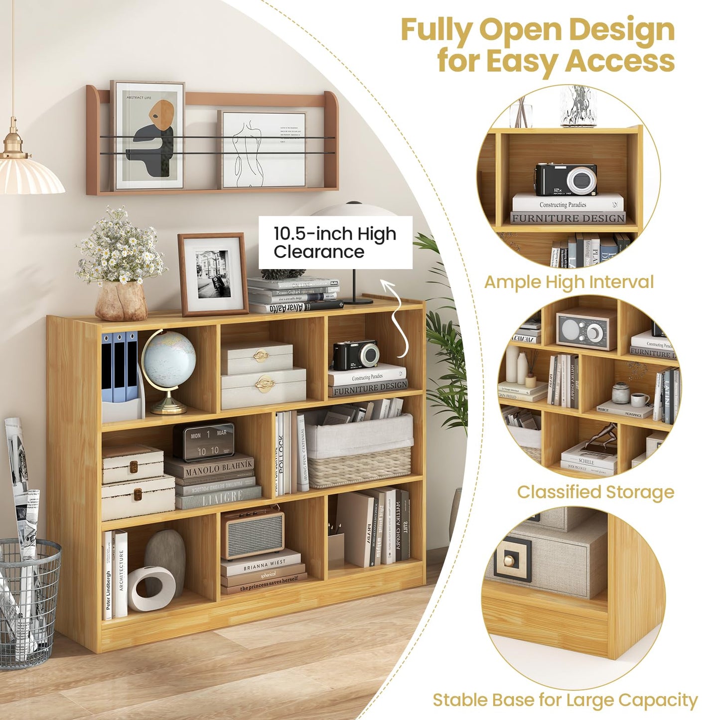 Tangkula 8-Cube Bookcase, Wood 3 Tier Open Storage Bookshelf, Modern Multipurpose Display Cabinet for Living Room, Study, Reading Nook, 48 x 12.5 x 36.5 Inch, Burlywood