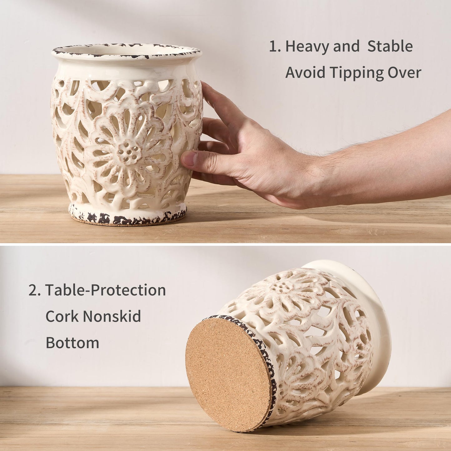 JH JIEMEI HOME Farmhouse Kitchen Utensil Holder for Kitchen Counter, Ceramic Large Cooking Utensil Crock with Cork Mat, Decorative Rustic Utensil Organizer for Countertop, Spatula, Antique Beige