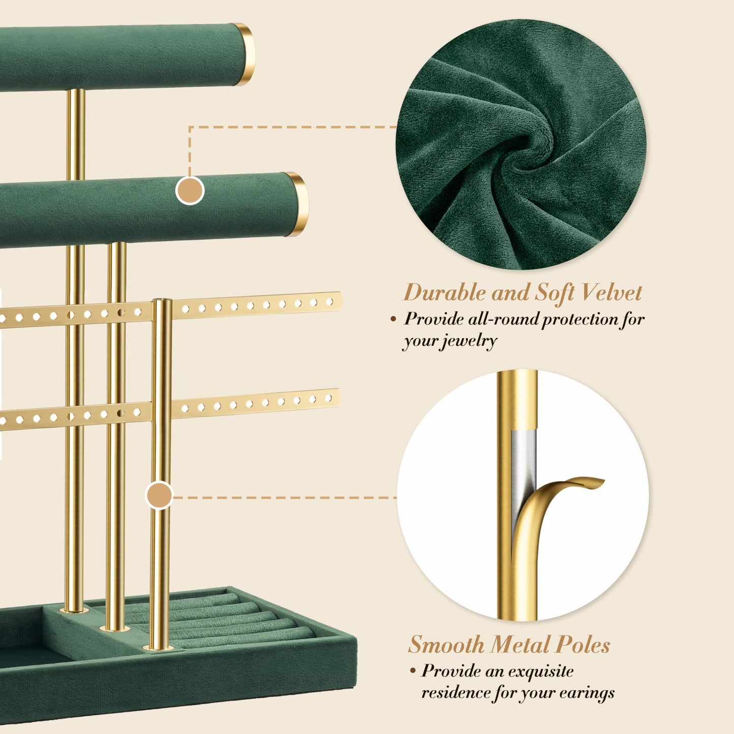 bussdis 3 Tier Bracelet Holder Display - Detachable T Bar Dark Green Velvet Bracelet Holder, Jewelry Holder Organizer for Bracelet, Necklace, Earrings, Rings