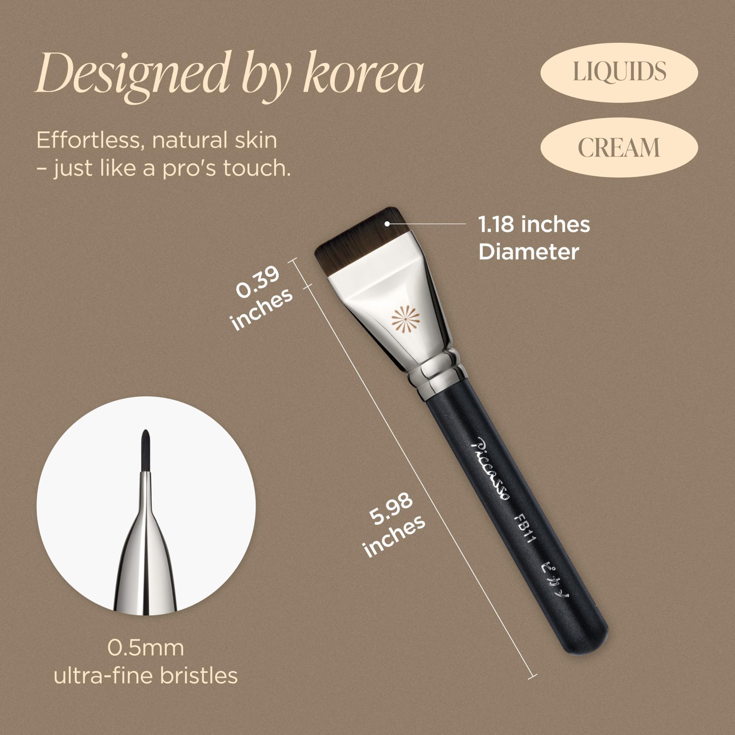 Piccasso FB11 Foundation Brush With Sponge – Professional Foundation Brush for Liquid Makeup, Flat and Soft Bristles for Seamless Application, Ideal for Liquid Foundation and Cream Face Makeup