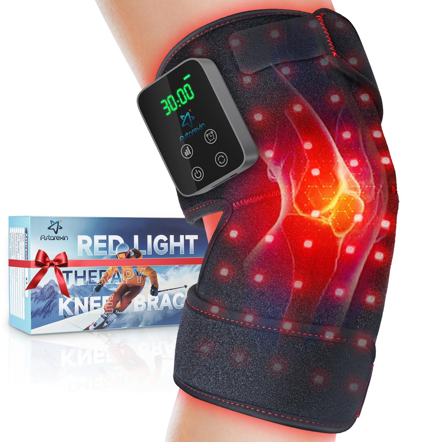 Astarexin Red Light Therapy Knee Brace Wireless Rechargeable with Pulse & Heating Modes, 660nm & 850nm Near-Infrared Light for Knee, Elbows & Shoulders, Black, 1 Count