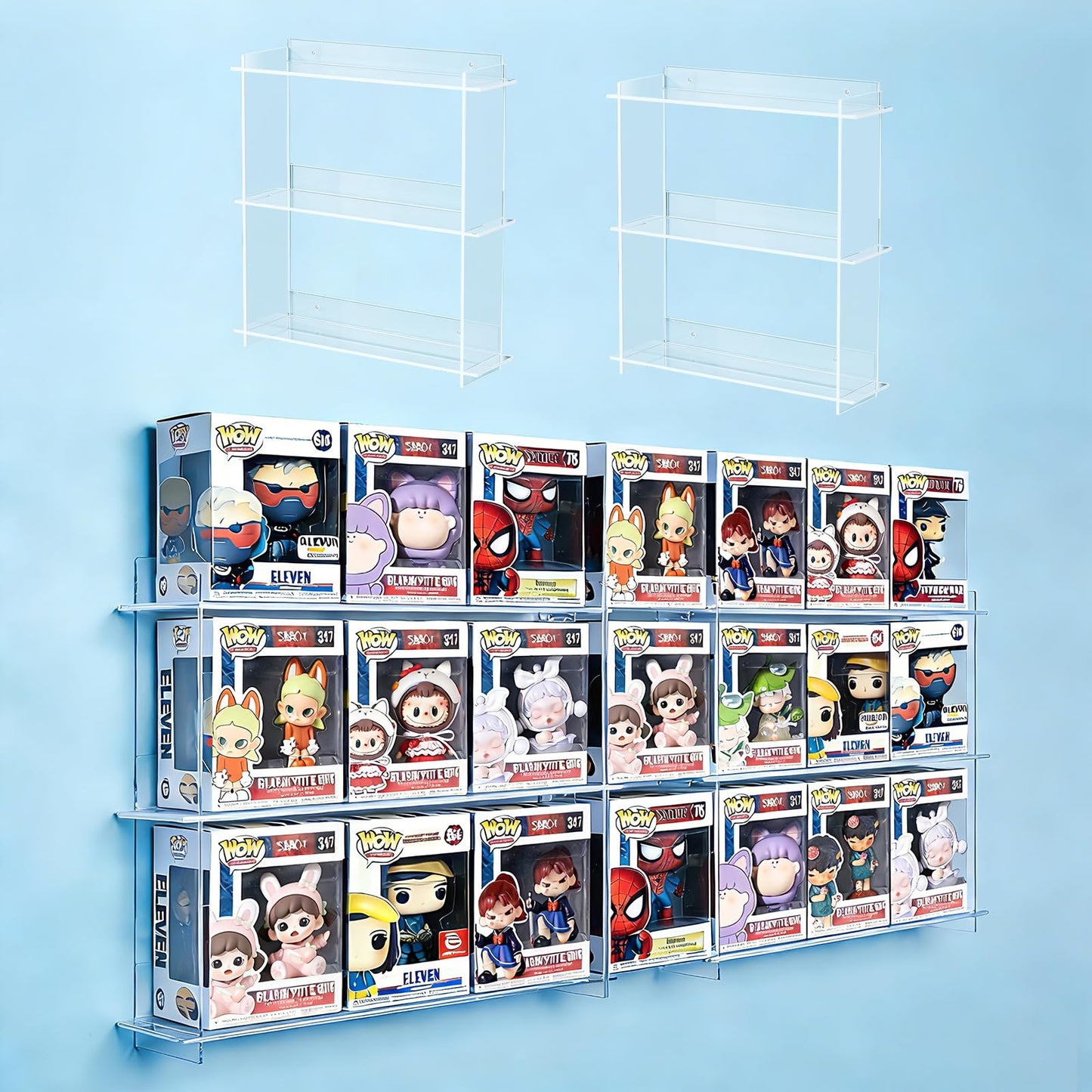 HONTUU 2 Pack Wall Display Shelf for Funko Pop Figure Cases in Box, Clear Acrylic Stackable Stand, Display Organizer for Action Figures Perfect for Bedrooms, Home Offices, Studies, and Living Rooms