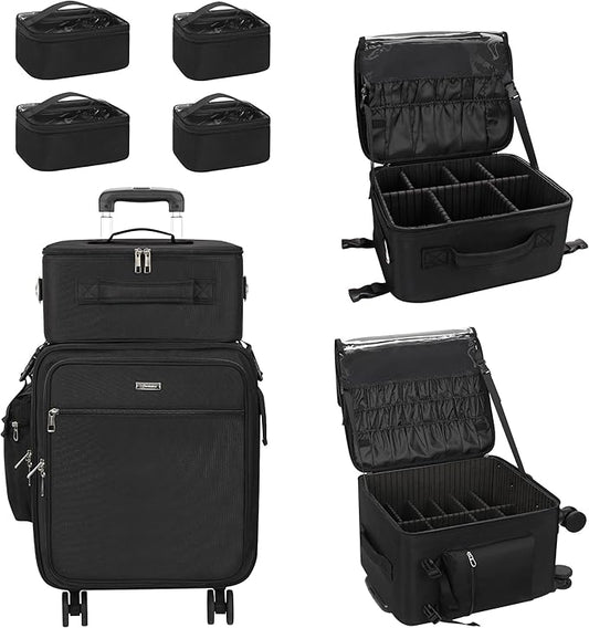 Relavel Rolling Makeup Case Professional Makeup Train Case,Makeup Artist Travel Bag with Wheels,6-in-1 Portable Travel Beauty Trolley Case for Cosmetology Storage(Black)