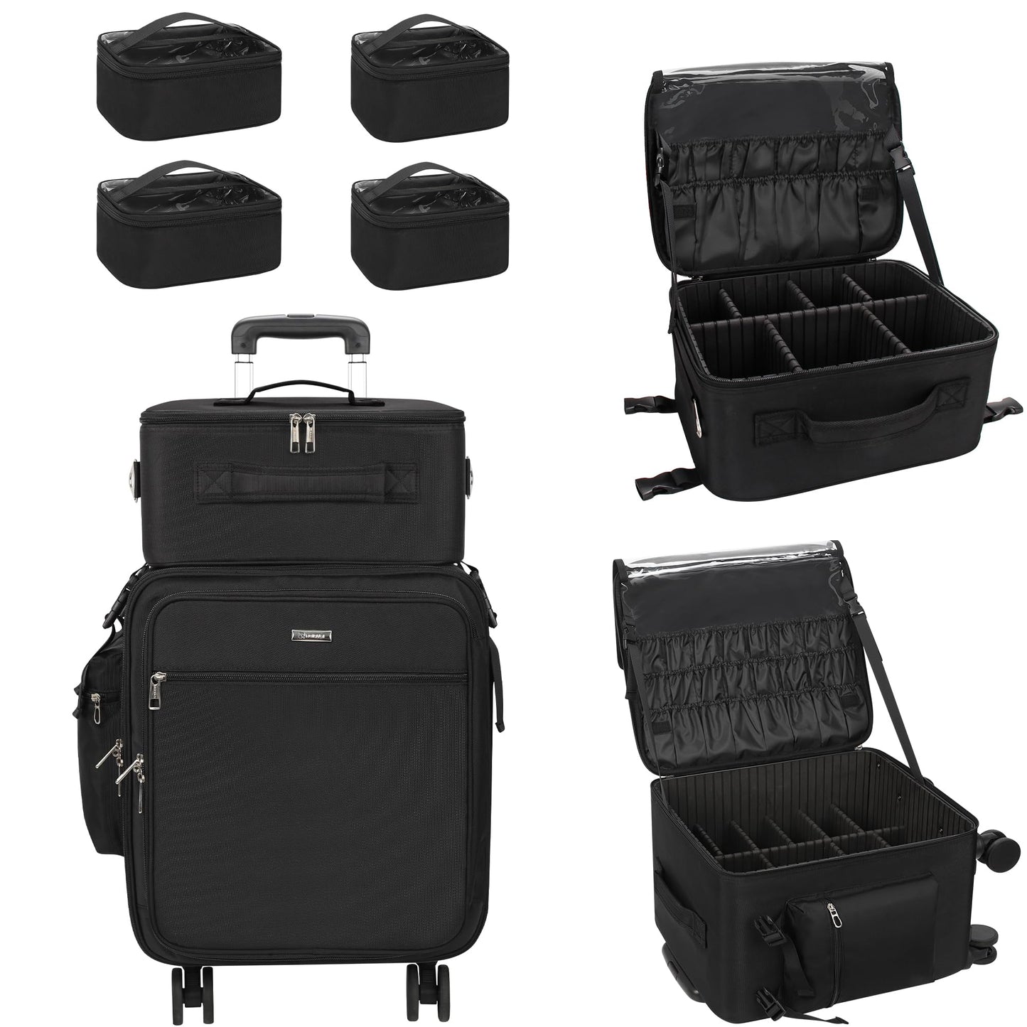 Relavel Rolling Makeup Case Professional Makeup Train Case, Makeup Artist Travel Bag with Wheels, 3-in-1 Portable Travel Beauty Trolley Case for Cosmetology Storage (Black)