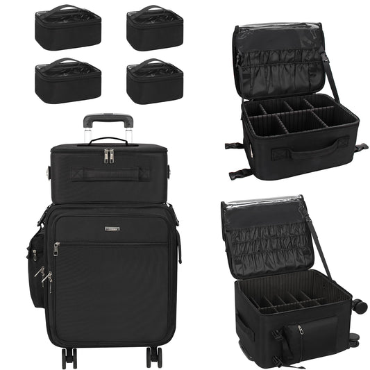 Relavel Rolling Makeup Case Professional Makeup Train Case, Makeup Artist Travel Bag with Wheels, 3-in-1 Portable Travel Beauty Trolley Case for Cosmetology Storage (Black)