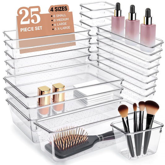 Trotianingyu Clear Acrylic Drawer Organizers Set Storage for Makeup, Office Desk Small Vanity Trays for Drawer Bathroom Plastic Make up Organizers 25 Pcs