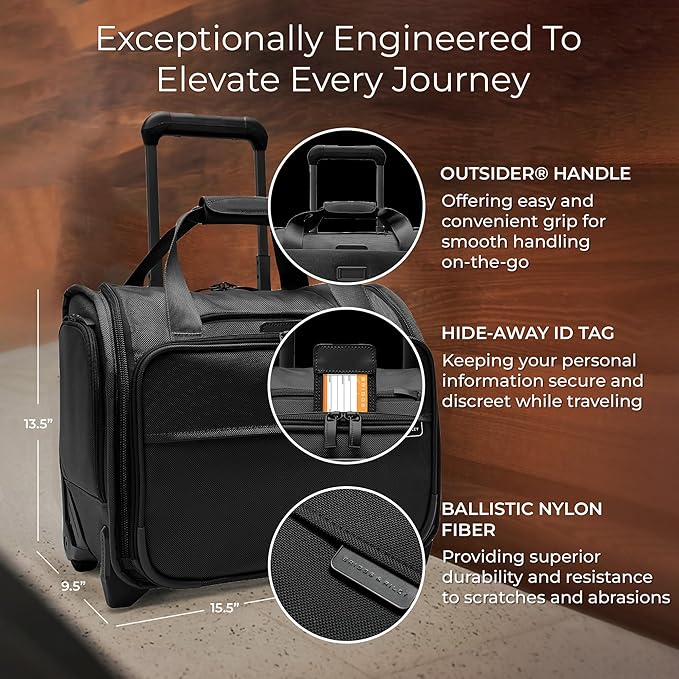 Briggs & Riley 2-Wheel Cabin Bag - Carry On Luggage for Travel, Suitcases with Wheels, Softside Rolling Bag for Men & Women, Interlocking Handle, Self-Repairing Zipper - Baseline Collection, Black