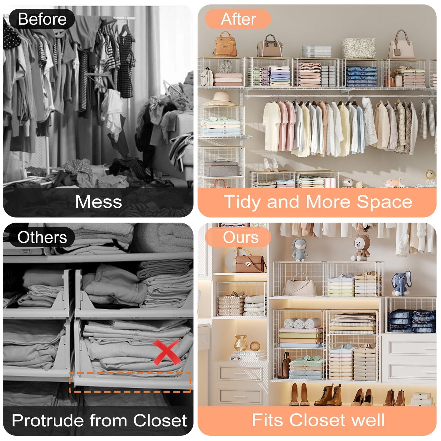 5 Pack Extra-Long Closet Organizers and Storage with Ajustable Shelf, Stackable Closet Shelf Organizer, Double Storage Design Clothes Storage Cube/Bin Organizer for Wardrobe, Space-Saving, White