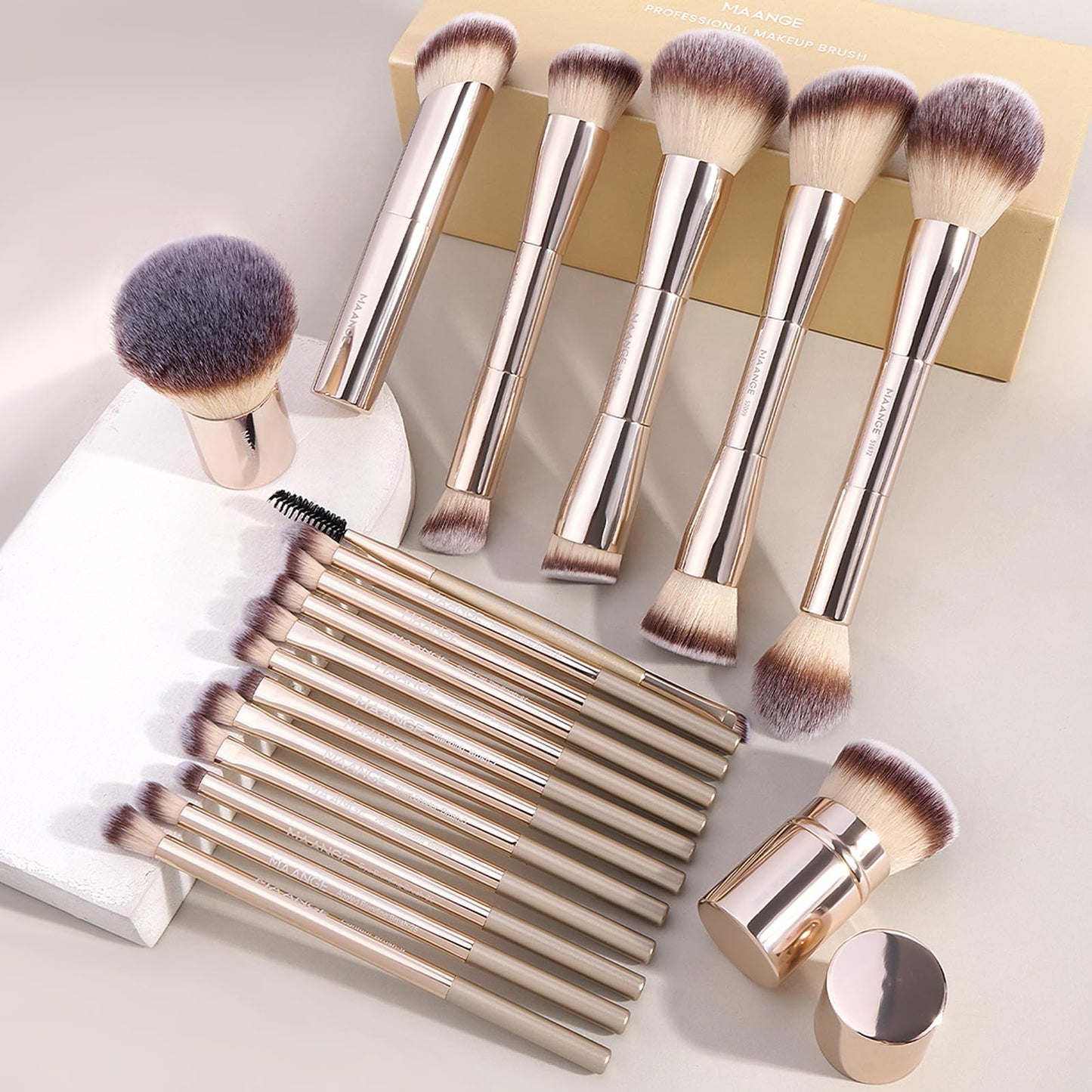 MAANGE 20 Pcs Makeup Brushes with Gift Box, Double-End Multi-functional Makeup Brushes for Blending Liquid Powder Concealer Cream Blush Buffe,Champagne