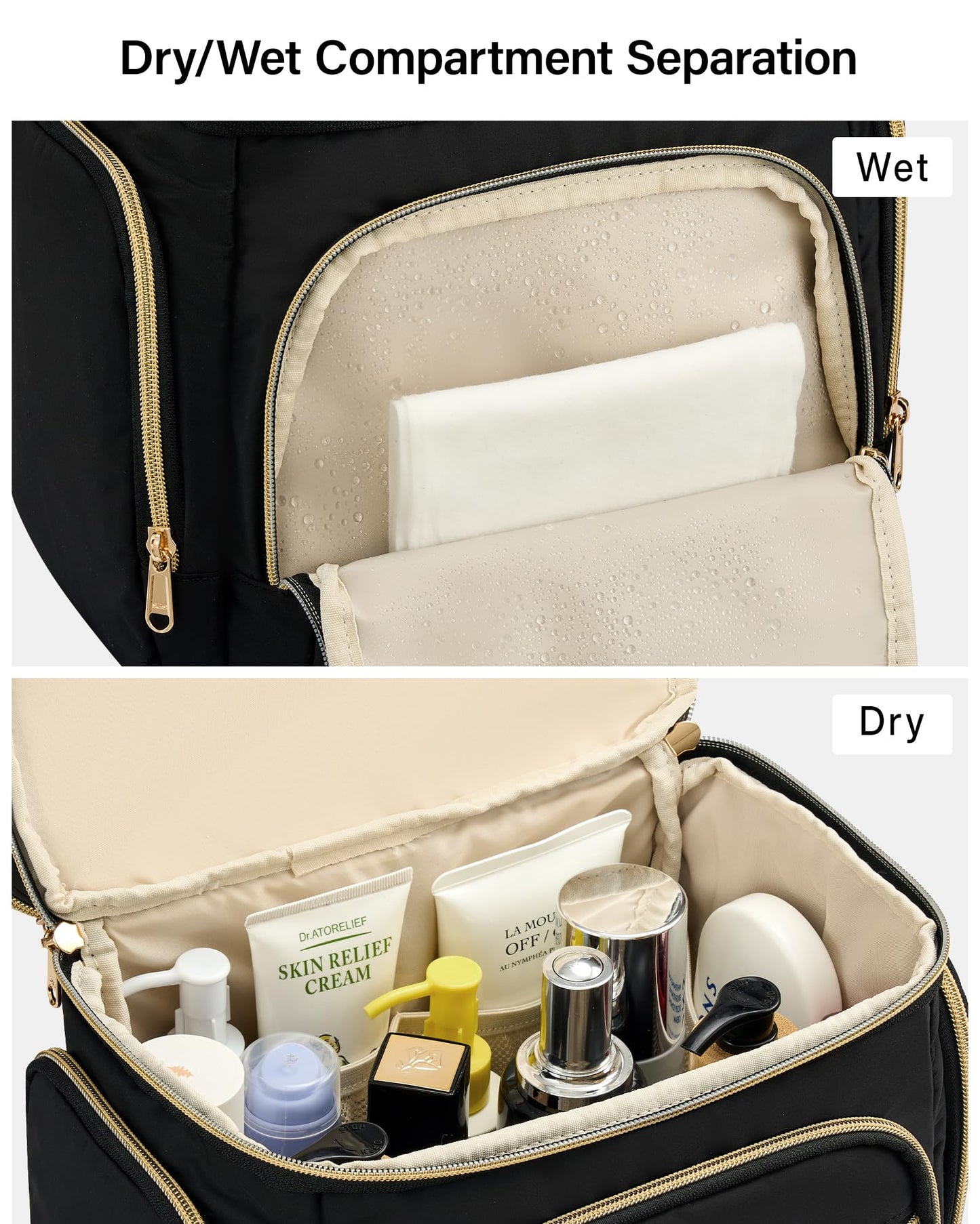 Hanke Large Toiletry Bag for Women Travel, Double Layer Organizer with Wide Opening for Full-Size Cosmetics & Toiletries, 12.2L Water-Resistant Makeup Bag,Black