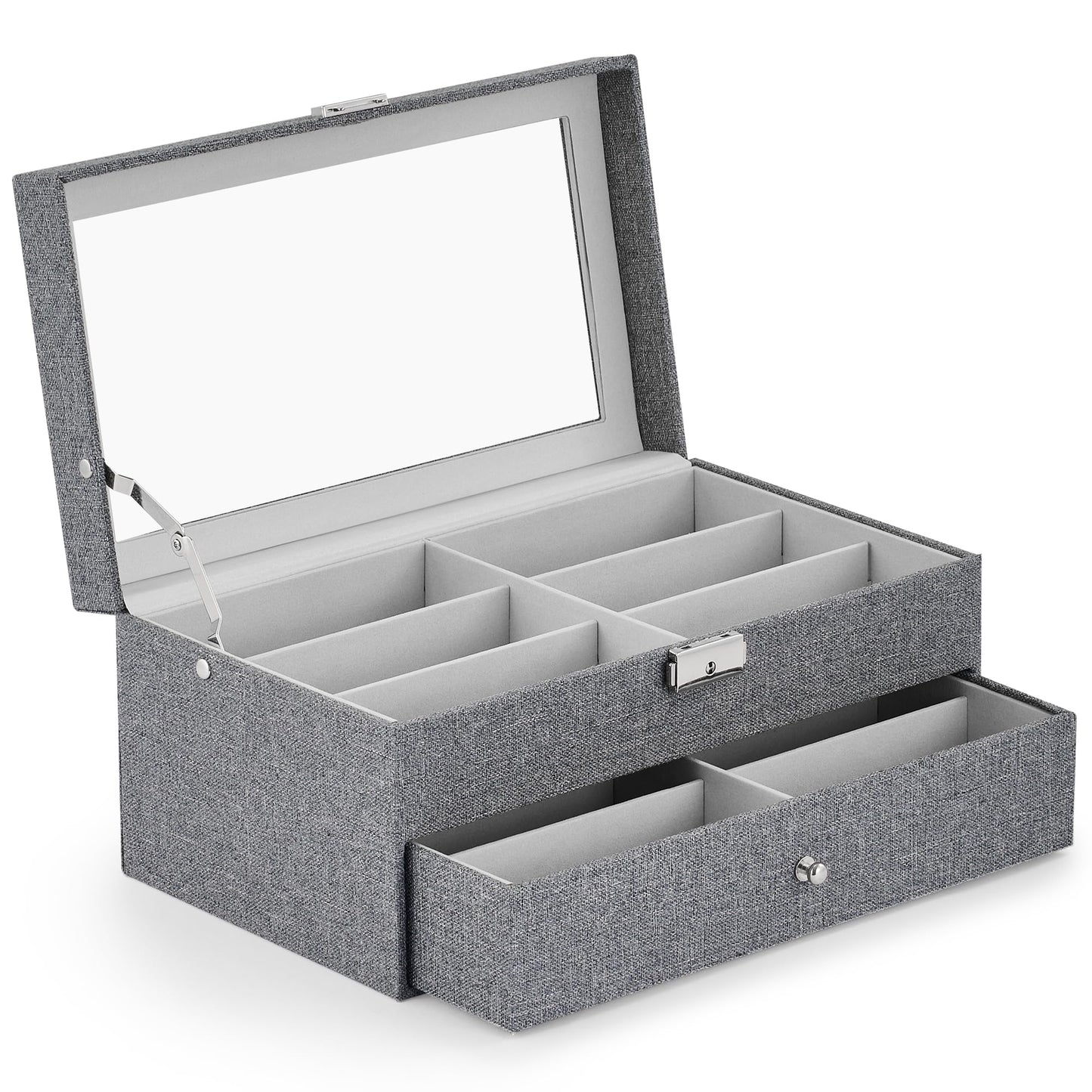 CO-Z Sunglasses Organizer with 12 Slots, Linen Eyeglasses Storage Box for Women Men, 2 Story Lockable Display Case for Multiple Glasses, Sunglasses Jewelry Collection Holder with Drawer, Grey