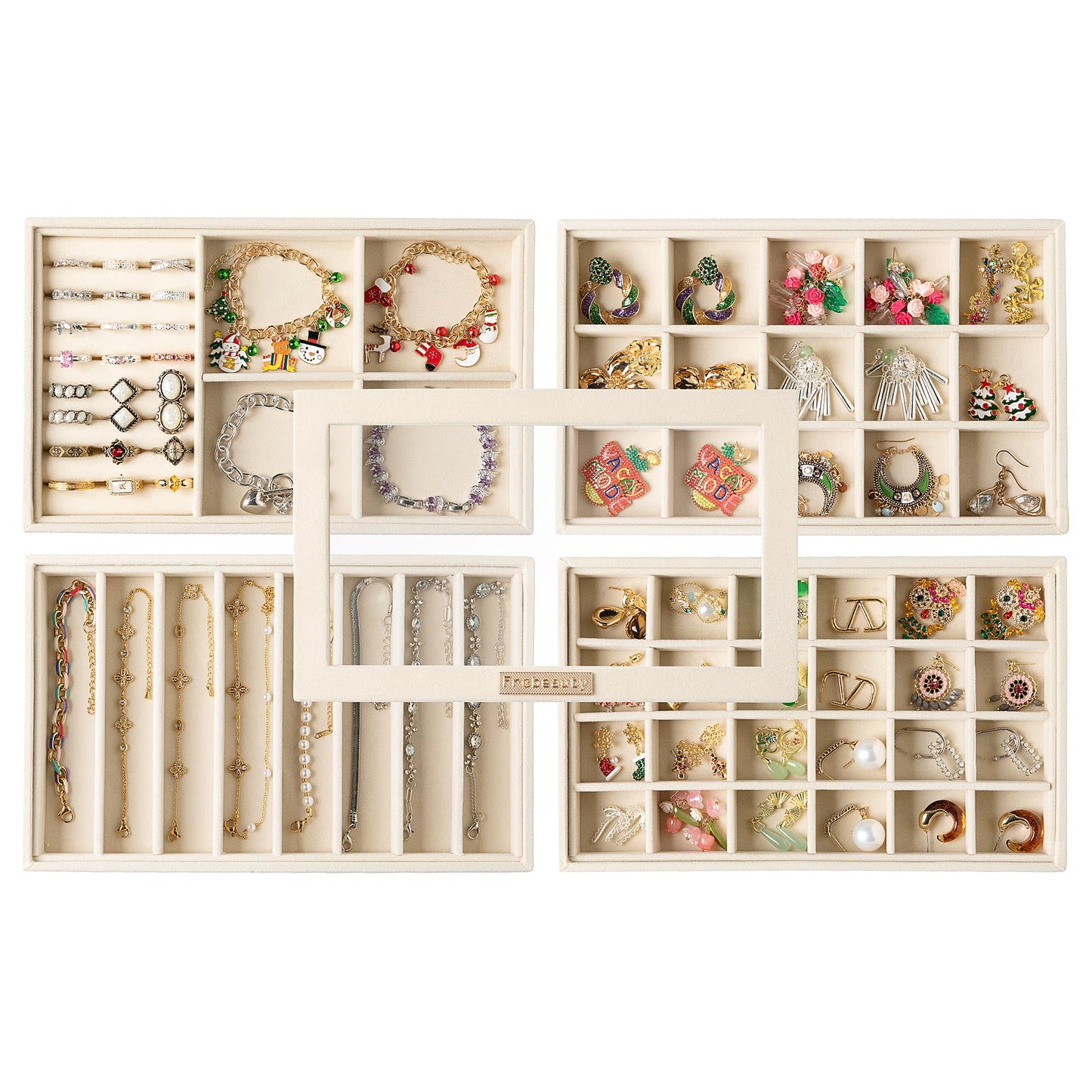 Frebeauty Stackable Jewelry Trays, Velvet Drawer Jewelry Organizer with Glass Lid,5 in 1 Multi-Functional Jewelry Storage for Earrings Necklaces Rings, 10.5 x 6.5 x 5.55 Inches Gift for Women(Beige)