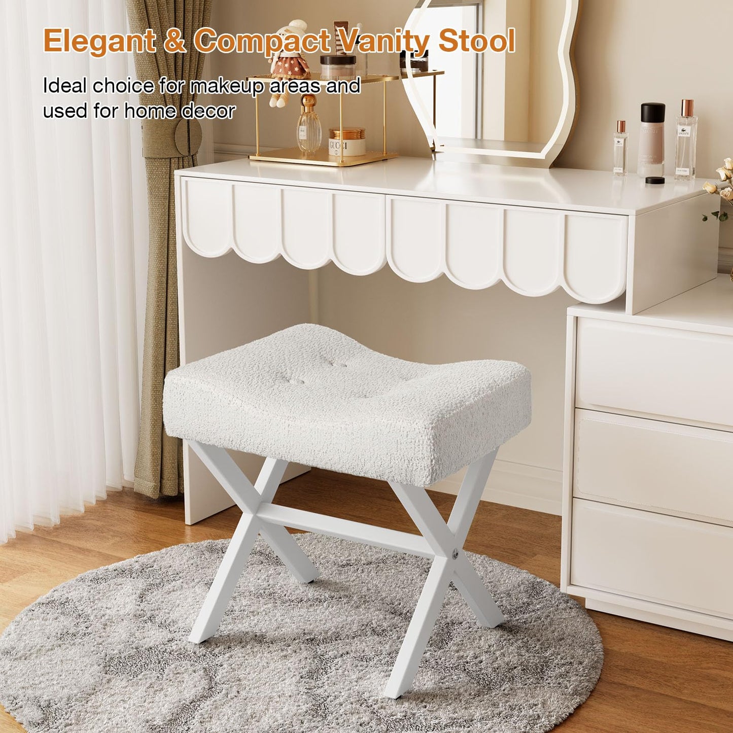 Memobarco 18-Inch Large Vanity Stool Chair, Vanity Bench with Metal X-Legs, Ottoman Accent Stool with Breathable and Soft Boucle Fabric Saddle Seat, White