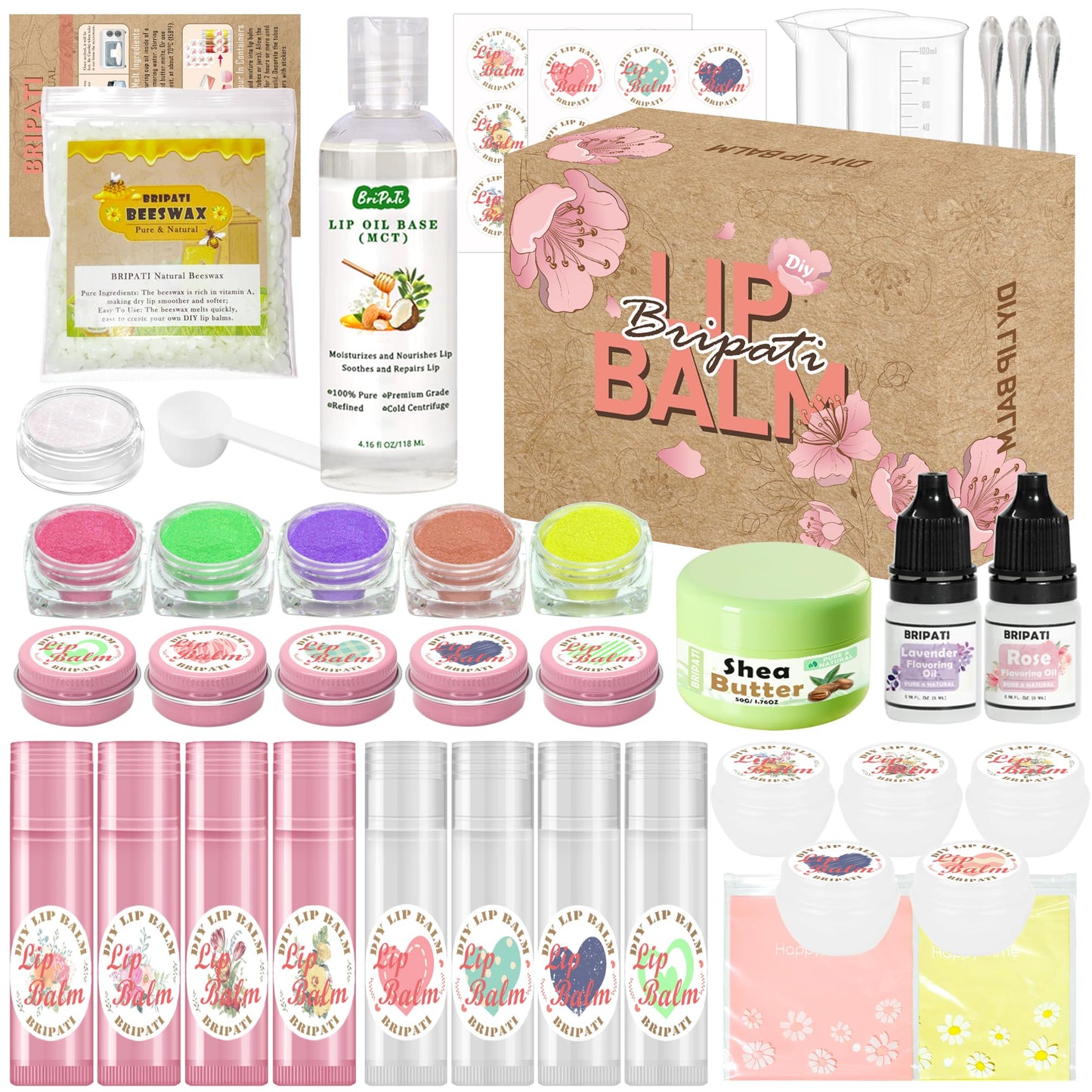 BRIPATI DIY Lip Balm Making Kit for Adults to Make Your Own Moisturizing Lip Balms Craft Kits with Natural Beeswax, Flavoring Oil, Empty Lip Balm Tubes Jars, Birthday Christmas Mother’s Day Gift