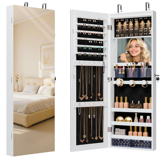 Unisakey Mirror Jewelry Cabinet,Lockable Wall or Door Mounted Jewelry Armoire Organizer With Built-up Mirror,LED Lights, Drawers,Cosmetic Trays,Shelves, 14.4"x3.15"x 43.1"（White）