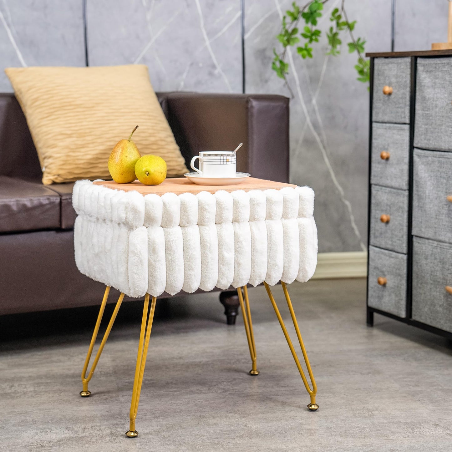 xuperbonus Faux Fur White Vanity Stool Chair with Storage Ottoman, Vanity Chair for Makeup Room, Vanity Stools for Bedroom, Footrest with Metal Legs and as a Coffee Table, White