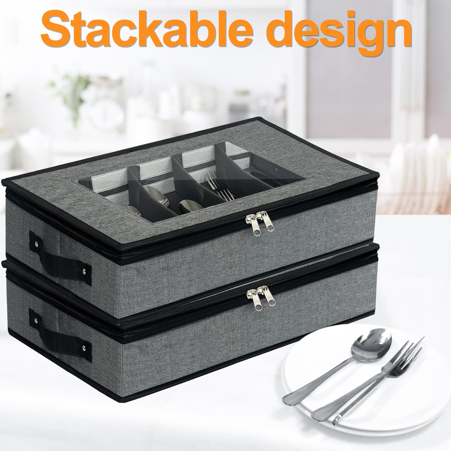 VERONLY 2 Pack Flatware Utensil Storage - Sturdy Silverware Storage Box with Dividers, 5 Compartment Flatware Storage Case with Handles and Removable Lid for Moving&Protected(Dark Gray)