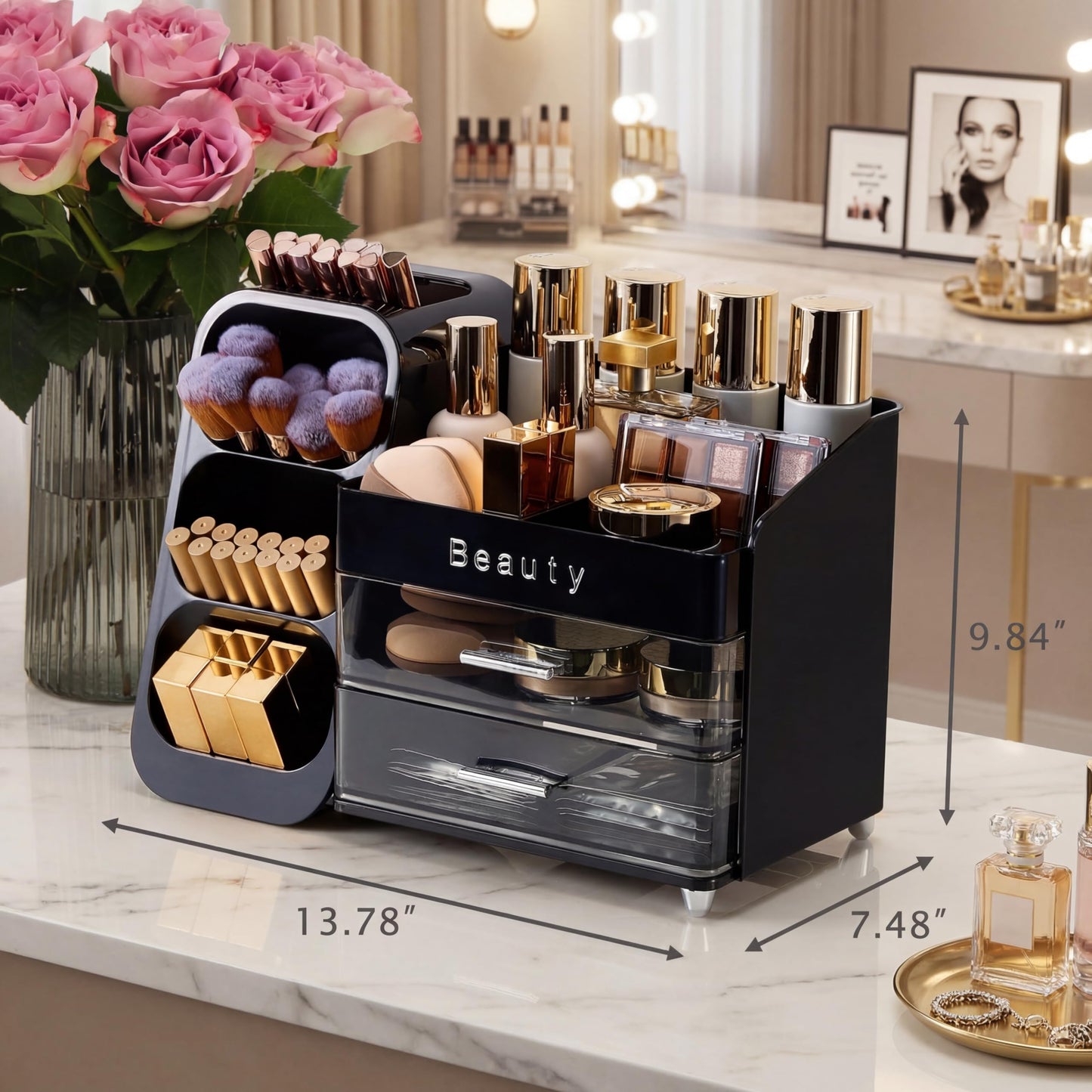 SYFIS Makeup Organizer for Vanity with Brush Holder, Countertop Makeup organizer with Drawers for Skincare, Cosmetics, Perfumes, Eyeshadow Palettes, Spacious Cosmetic storage organizer