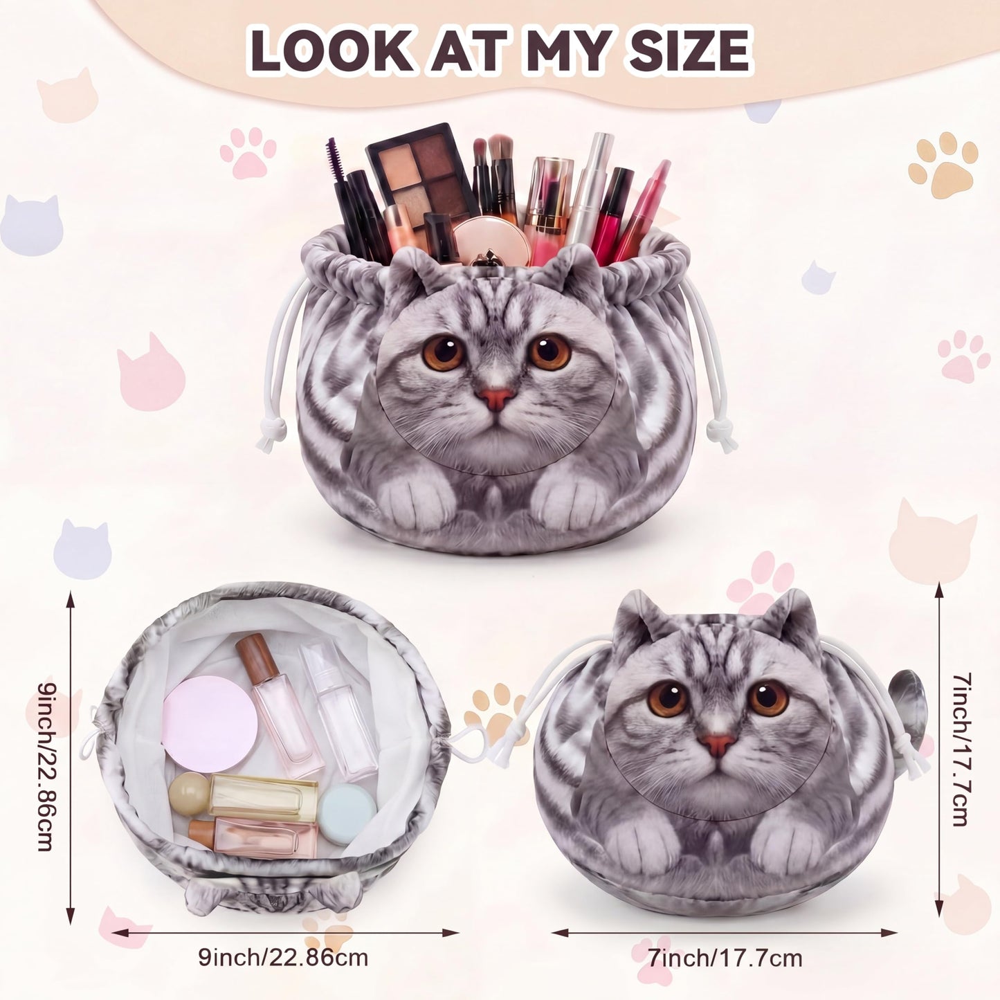 Tallew 3 Pcs Cat Drawstring Makeup Bag Large Capacity Cute Funny Cat Gifts Dormitory Cosmetic Bag for Women Portable Travel Pouch Toiletry Organizer for Birthday Gifts for Cats Lovers