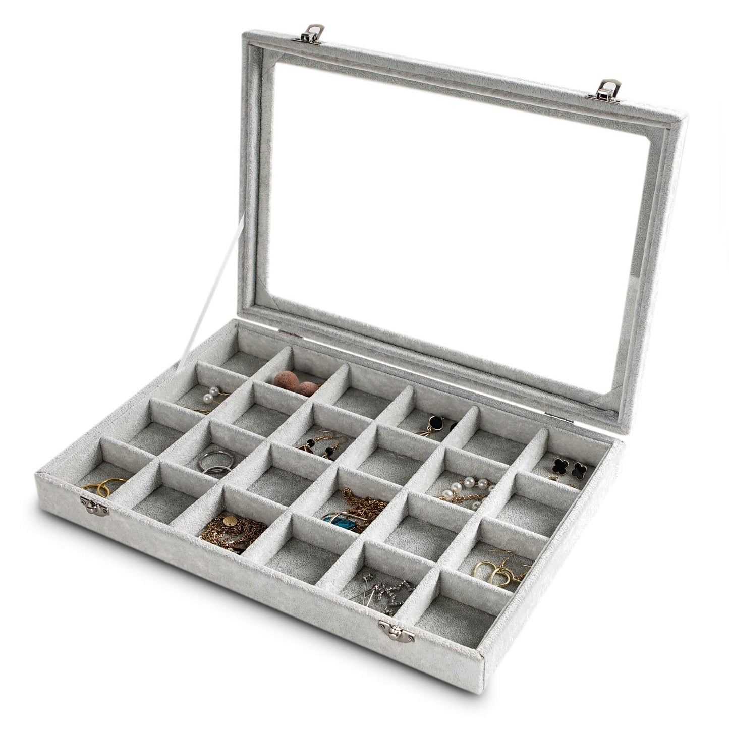 Frebeauty 24 Grid Earring Holder Organizer Tray, Jewelry Organizers and Storage for Drawer,Velvet Jewelry Display Storage for Earrings,Rings,Studs,10.5 x 6.5 x 1.2 Inches Gift for Women (Grey)