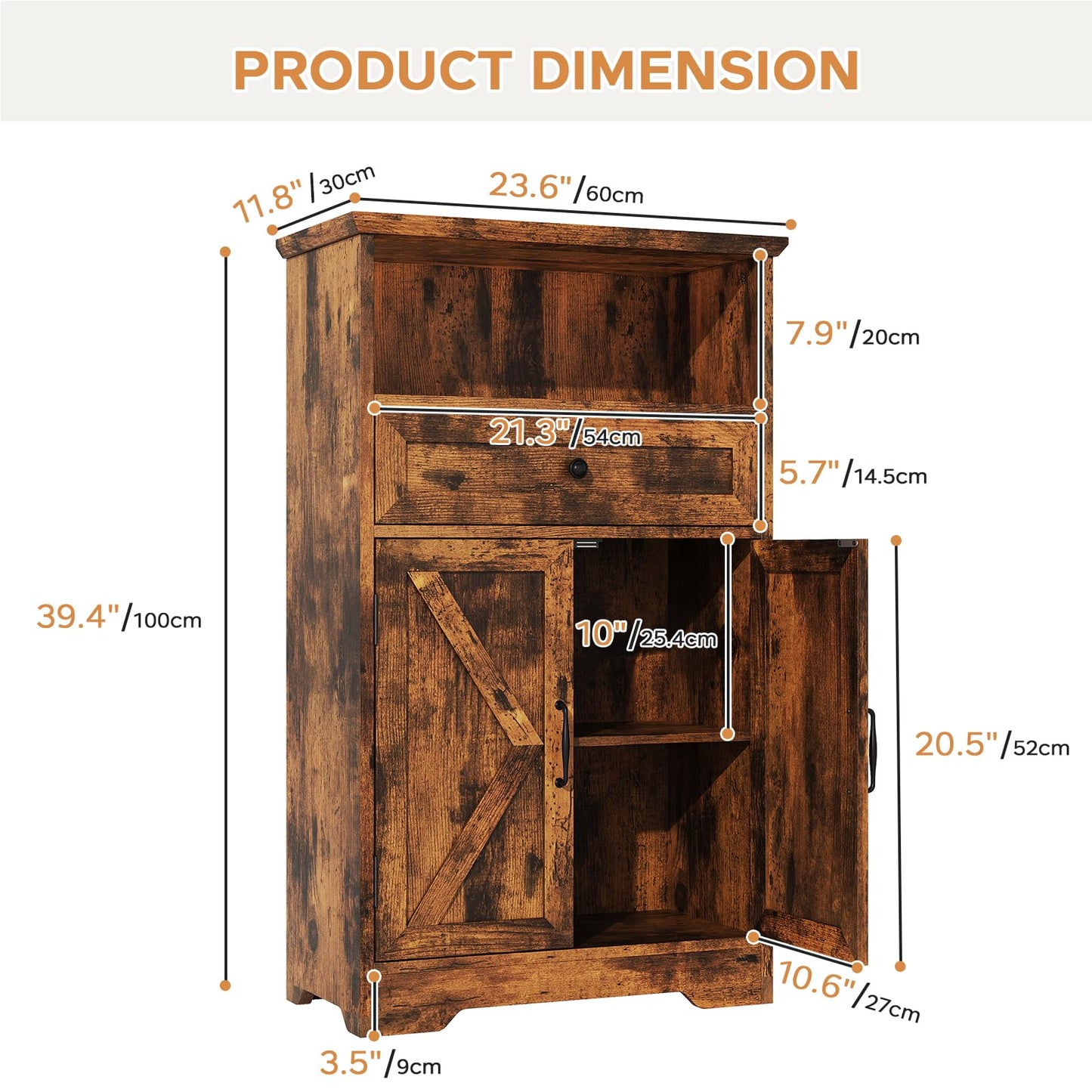 Viroformo Floor Cabinet, Farmhouse Storage Cabinet with Barn Doors and Drawer, 11.81" D x 23.62" W x 39.37" H Rustic Brown Freestanding Adjustable Shelf Organizer for Bathroom, Kitchen, Living Room