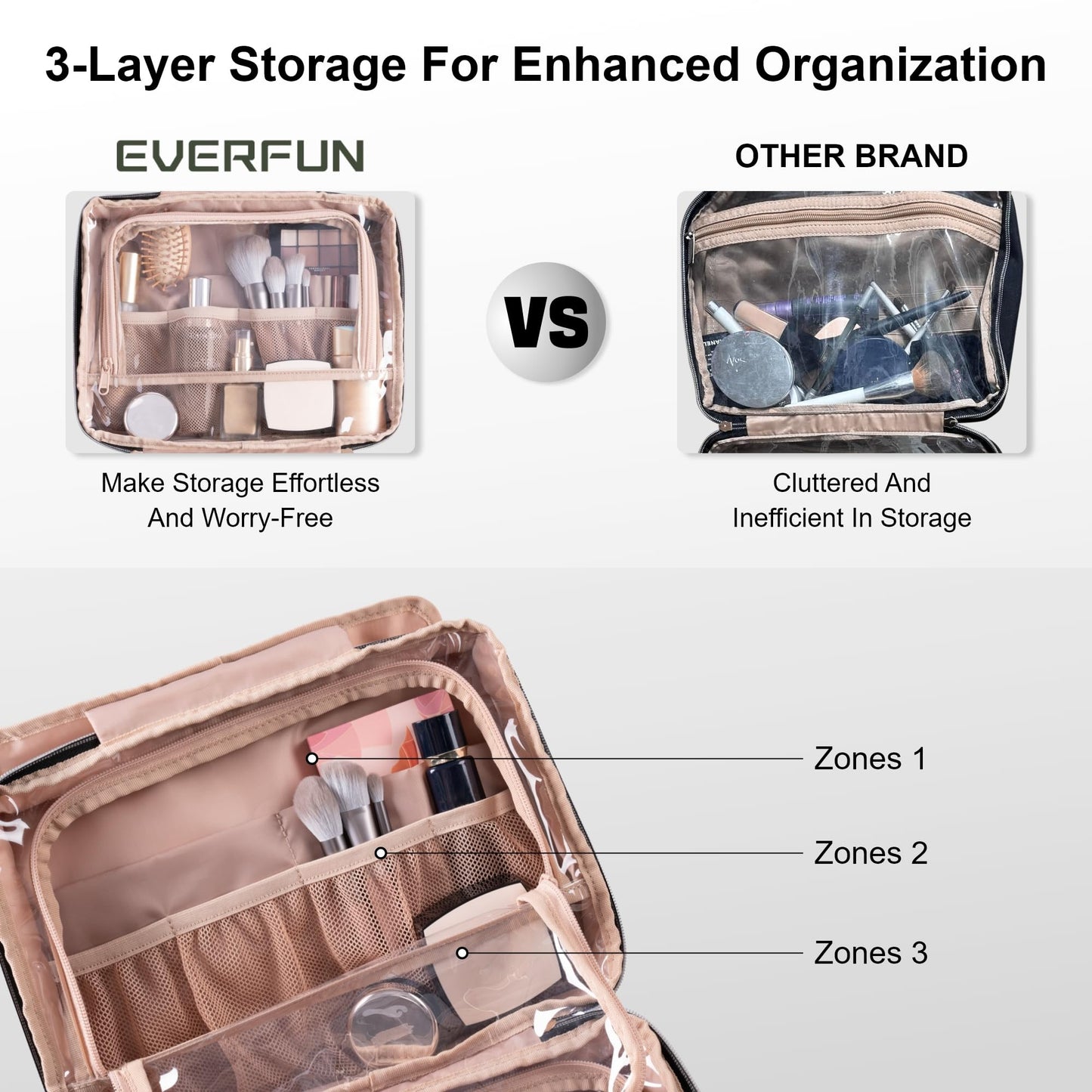 Everfun Travel Toiletry Bag with Hanging Hook and Leakproof Wet/Dry Compartments, Large Capacity Makeup Cosmetic Organizer for Women, 12x9x4.5 Inch, Pink