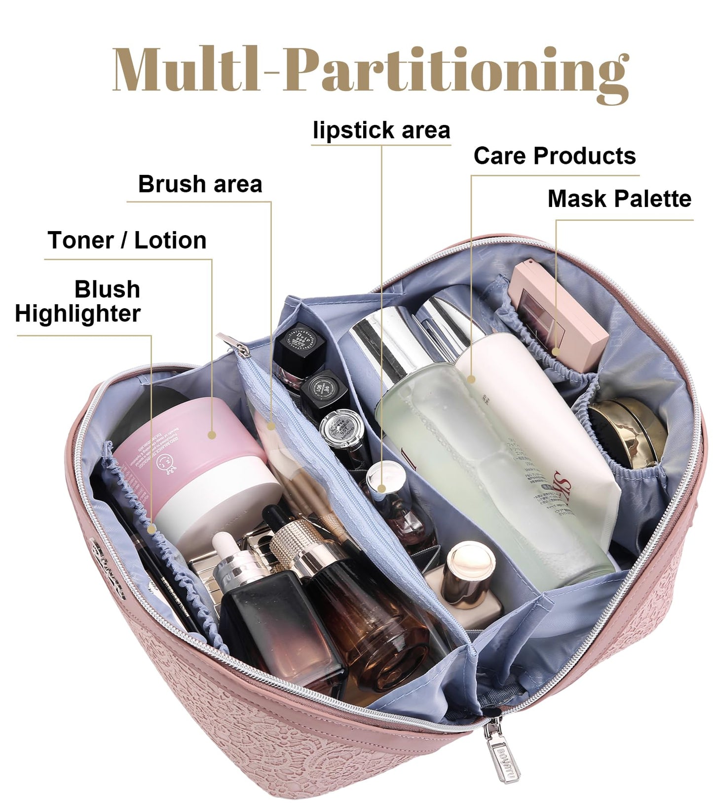 BOYATU Travel Makeup Bags Cosmetic Organizer Bag: 3-Set Large Capacity Make up Bag - PU Leather Toiletry Bags for Women - Wide Open Portable Pouch with Divider & Handle (A-Light Pink)