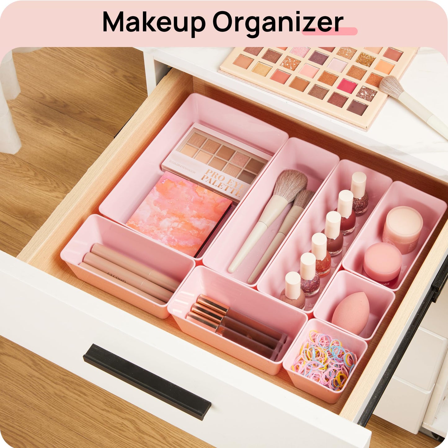 Vtopmart 44 PCS Plastic Drawer Organizers Set, 4-Size Versatile Bathroom and Vanity Organizer Trays, Non-Slip Storage Containers for Makeup, Jewelries, Bedroom，Kitchen Utensils and Office, Pink