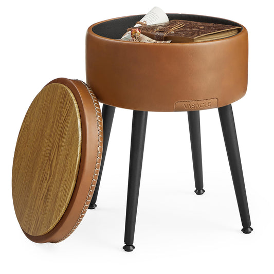 VASAGLE EKHO Collection - Storage Ottoman, Vanity Chair Stool, Synthetic Leather with Stitching, Mid-Century Modern, Round Storage Seat with Steel Legs, Loads 330 lb, Caramel Brown ULOM005KN08