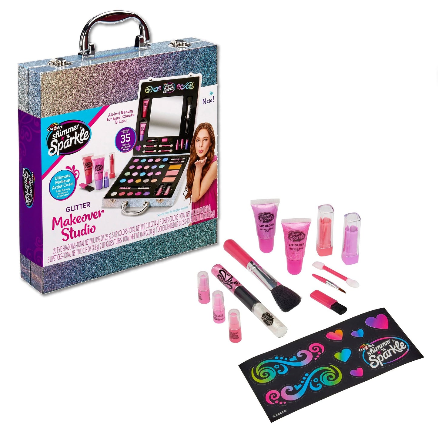 Shimmer 'n Sparkle Glitter Makeover Studio Beauty Kit – All-in-One Beauty for Eye, Cheeks and Lips for Ages 8 and Up