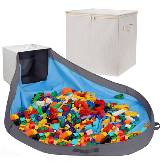 SAM AND MABEL Toy Storage Organizer with Attached Play Mat for Kids – 13" x 13" x 13" Stackable and Foldable Cubby Box Nursery Organizers, Storage Bins with Lid for Playroom (Cream Bamboo)