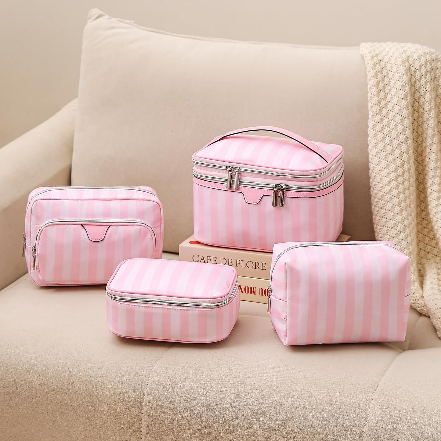 RSRSLEII Large Waterproof Double Layer Travel Makeup Bag, Aesthetic Nylon Striped Cosmetic Case，Coquette Traveling Toiletry Bag With Handle，Ideal for Women and Girls(01Top Open)