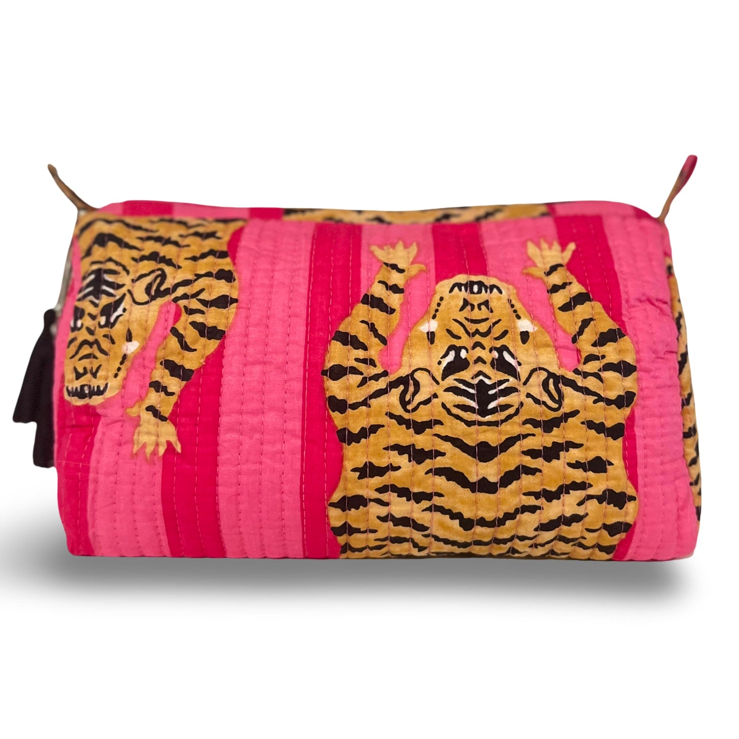 Palmetto Home Block Print Makeup Bag & Toiletry Pouch – Quilted Cotton Cosmetic Bag for Travel, Artisan Handmade Organizer for Women, Giftable (Pink Tiger)