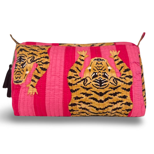 Palmetto Home Block Print Makeup Bag & Toiletry Pouch – Quilted Cotton Cosmetic Bag for Travel, Artisan Handmade Organizer for Women, Giftable (Pink Tiger)