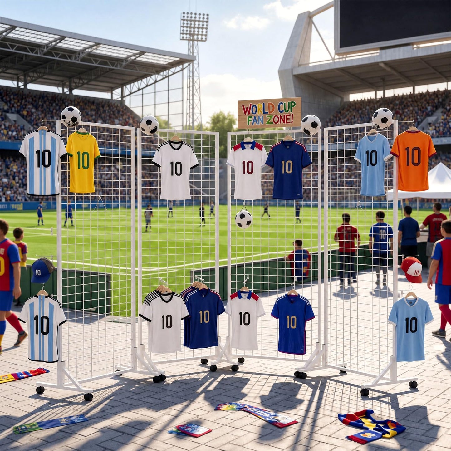 Blulu 4 Pcs 2' x 6' Grid Wall Display Stand with T-Base, 2026 Freestanding Grid Tower for Vendor Events & Craft Shows, Sports Jersey & T-Shirt Display Rack for Game Day Fan Shop (White)