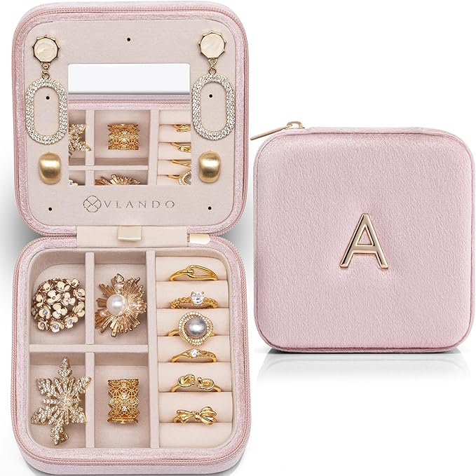 Vlando Stocking Stuffers for Teen Girls, Travel Jewelry Case for Women, A Initial Jewelry Case, Mini Jewelry Travel Organizer Travel Essentials for Travel Gift Teen Girls - Letter A, Pink