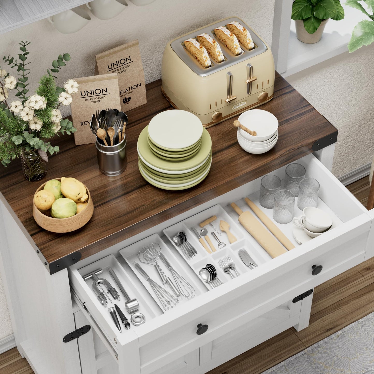 YESHOMY Kitchen Storage Cabinet, Coffee Bar Cabinet, Farmhouse Sideboard Buffet with Storage, Barn Door Accent Cabinet with a Drawer and Adjustable Shelf for Dining Room, Entryway, White&Brown, 1PCS