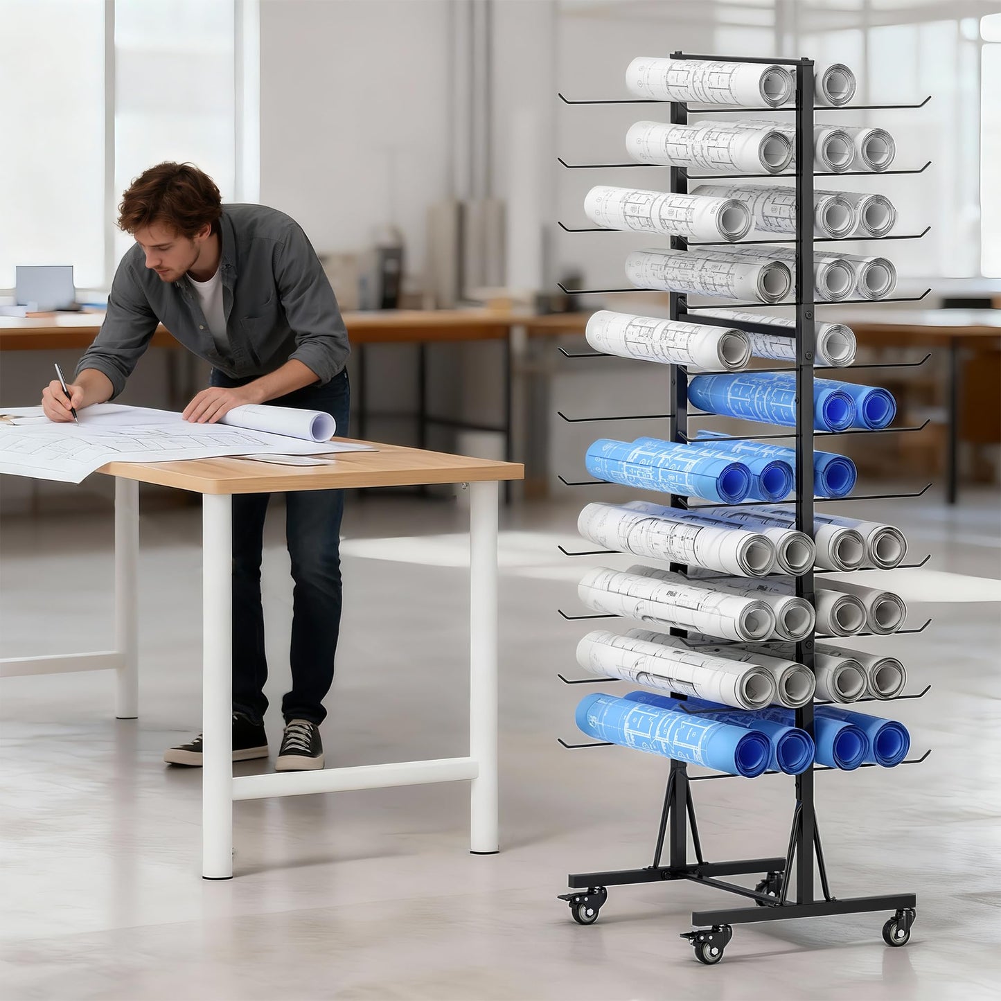 Rolling Large Blueprint Holder, 22 Tier Blueprint Storage Rack, Metal Vinyl Roll Storage Rack, Construction Plan Holder, Gift Wrapping Paper Organizer, Blue Print Display for Drawing, Artwork, Map