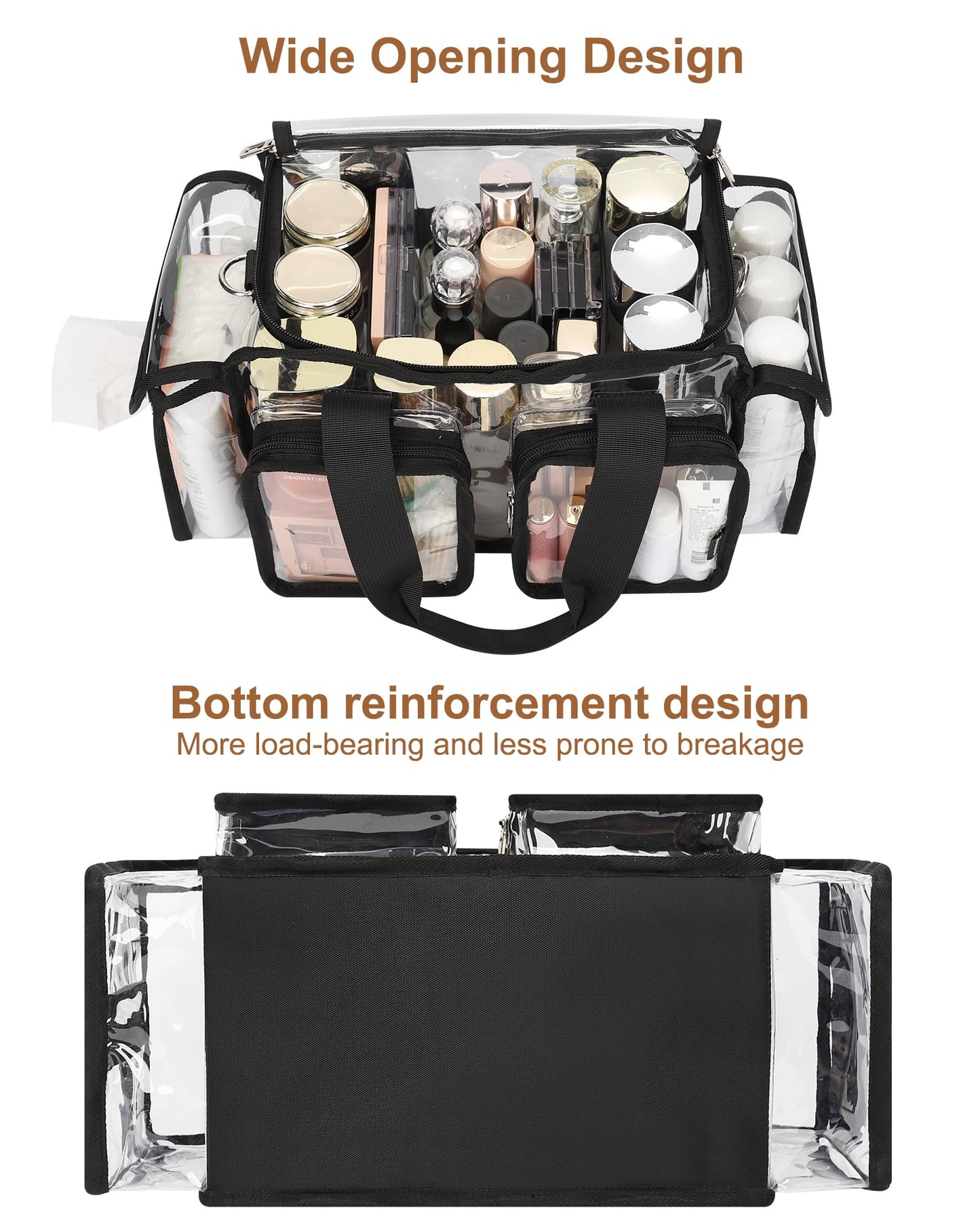 Relavel Clear Makeup Bag Professional Makeup Artist Kit Set Travel Cosmetic Organizer Case Transparent Stadium Approved Tote Bag Toiletry Lunch Duffle Work Shoulder Bag with Adjustable Dividers, Black